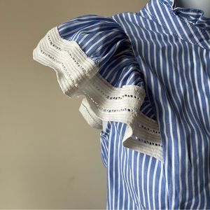 Milk & Honey ruffle cap sleeve blue and white stripe blouse small